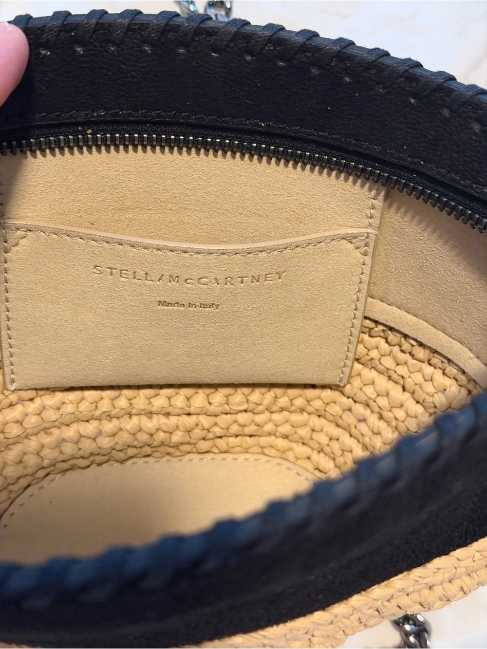Stella McCartney Black & Natural Raffia Mini Falabella Crossbody Bag